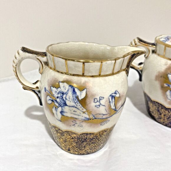 Vintage porcelain creamer & sugar bowl cobalt blue gold highlights unique floral - Picture 3 of 12